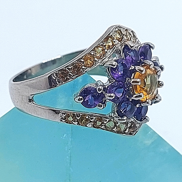 Natural Citrine 5mm, Amethyst, Sapphire 925 Sterling Silver Ring Size 7.5 - Picture 5 of 11